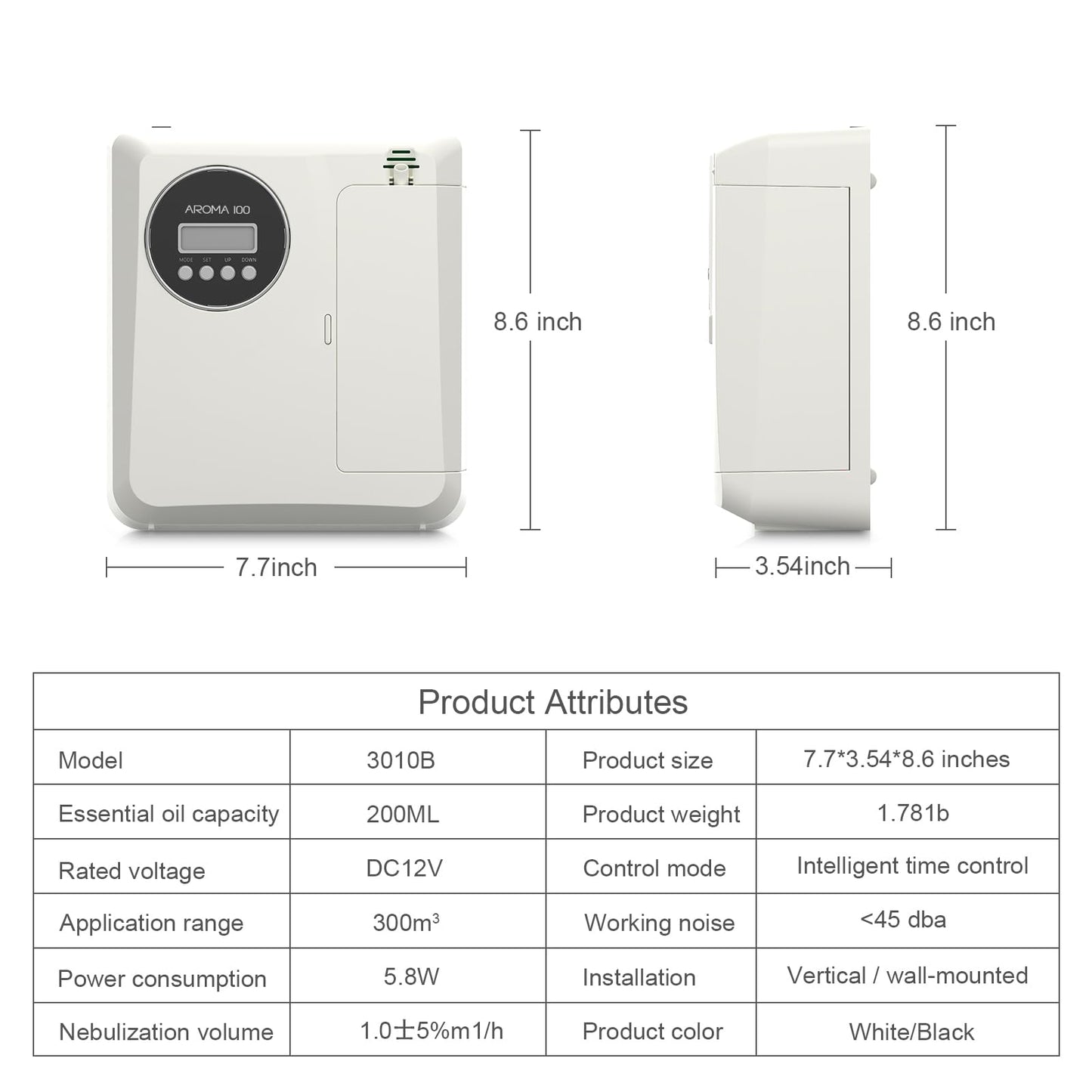 Aromatherapy Oil Diffuser, 200ML Capacity, Intelligent Timed Diffusion, Suitable for Large Rooms, Offices, Spas (White)